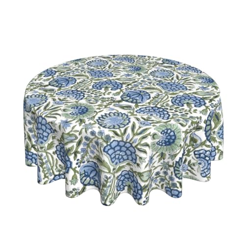 DAFENA Boho Round Tablecloth 70 Inch Blue Green Vintage Floral Table Cloth Chinoiserie Flower Spring Summer Table Covers Polyester Indoor Outdoor Farmhouse Tablecloths for Kitchen Dining Party Picnic - Image 1