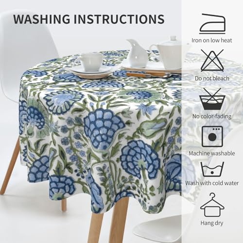 DAFENA Boho Round Tablecloth 70 Inch Blue Green Vintage Floral Table Cloth Chinoiserie Flower Spring Summer Table Covers Polyester Indoor Outdoor Farmhouse Tablecloths for Kitchen Dining Party Picnic - Image 5