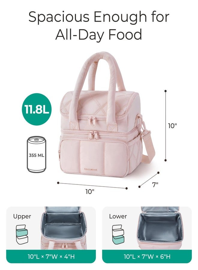 BAGSMART Lunch Bag Women, Double Deck Insulated Lunch Box, Quilted Puffer Lunch Tote, Leakproof, Durable & Reusable Large Lunch Cooler For Work Picnic Travel Meal Prep, Pink - Image 4