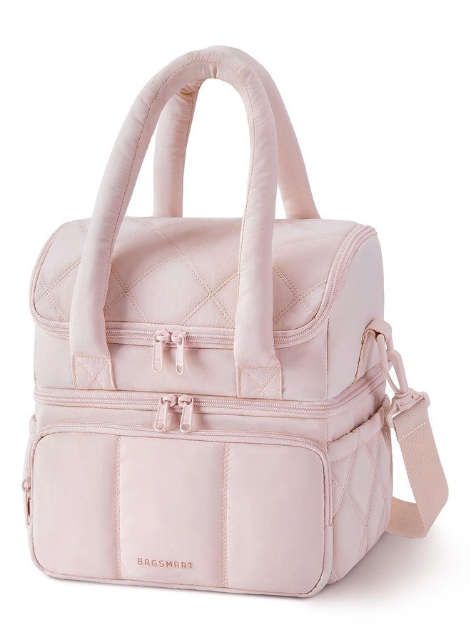 BAGSMART Lunch Bag Women, Double Deck Insulated Lunch Box, Quilted Puffer Lunch Tote, Leakproof, Durable & Reusable Large Lunch Cooler For Work Picnic Travel Meal Prep, Pink - Image 1