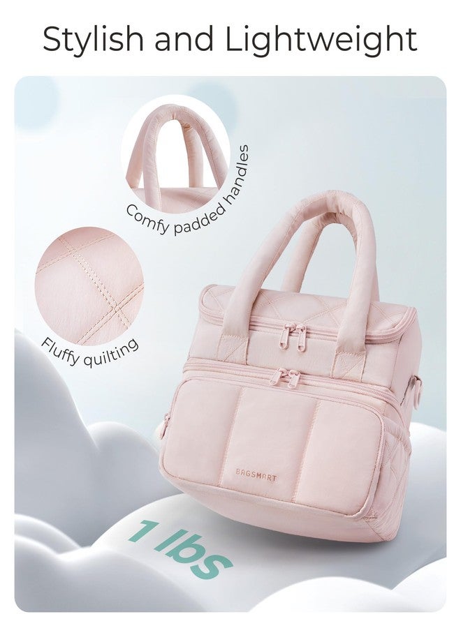BAGSMART Lunch Bag Women, Double Deck Insulated Lunch Box, Quilted Puffer Lunch Tote, Leakproof, Durable & Reusable Large Lunch Cooler For Work Picnic Travel Meal Prep, Pink - Image 3