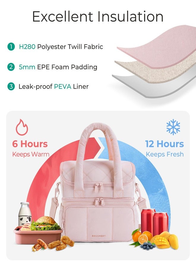 BAGSMART Lunch Bag Women, Double Deck Insulated Lunch Box, Quilted Puffer Lunch Tote, Leakproof, Durable & Reusable Large Lunch Cooler For Work Picnic Travel Meal Prep, Pink - Image 2