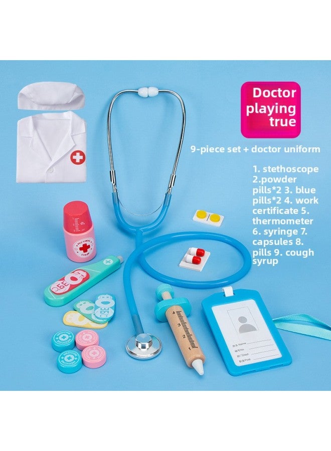 Children's Doctor Play Set Wooden Toys Baby Stethoscope Gift Nursery Educational Kit Toddler Medical Tools For Kids-Color:9-piece Set B Doctor Suit - Image 1