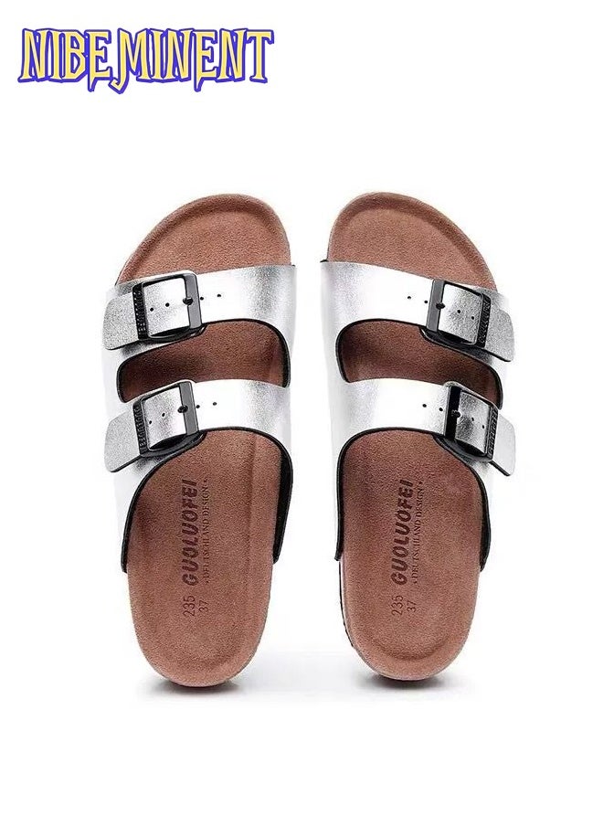 NIBEMINENT - Cork Slippers for Men and Women with Double Row Belt Buckle Sandals, Beach Shoes, Haken Shoes Silver - Image 1