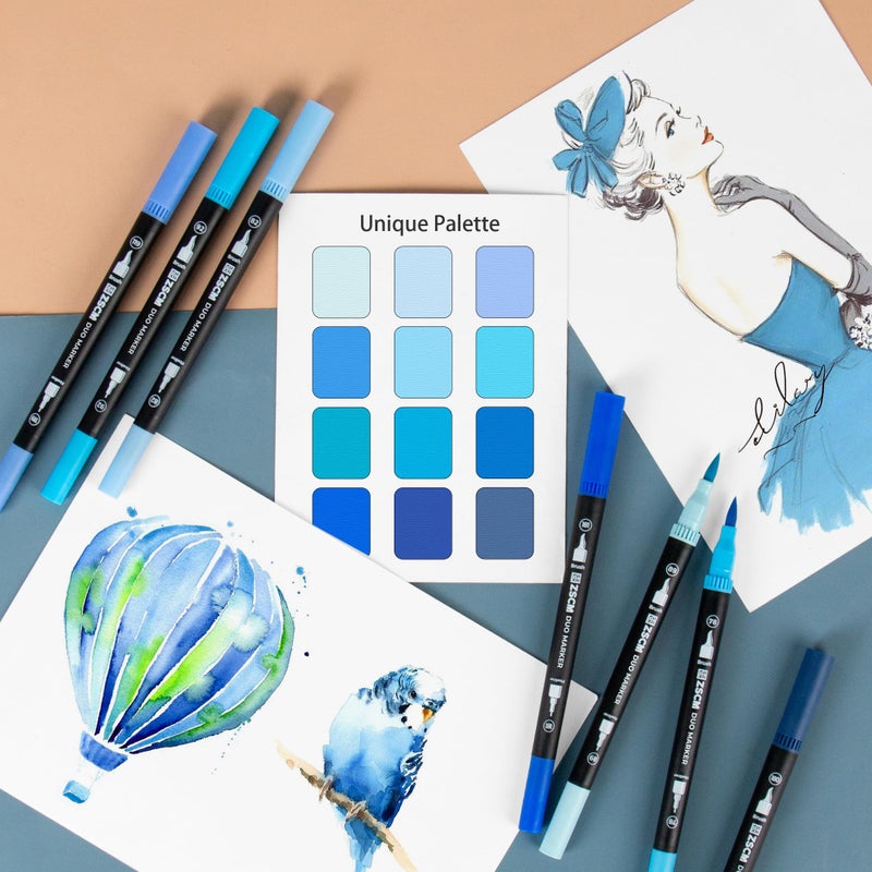 ZSCM Blue Duo Tip Marker Pens, 12 Pack Fine & Brush Markers for Adult Coloring Books No Bleeding, Ocean Blue Markers for Sky & Sea Landscapes, Water Effects, Calming Mandalas and Journaling - Image 5