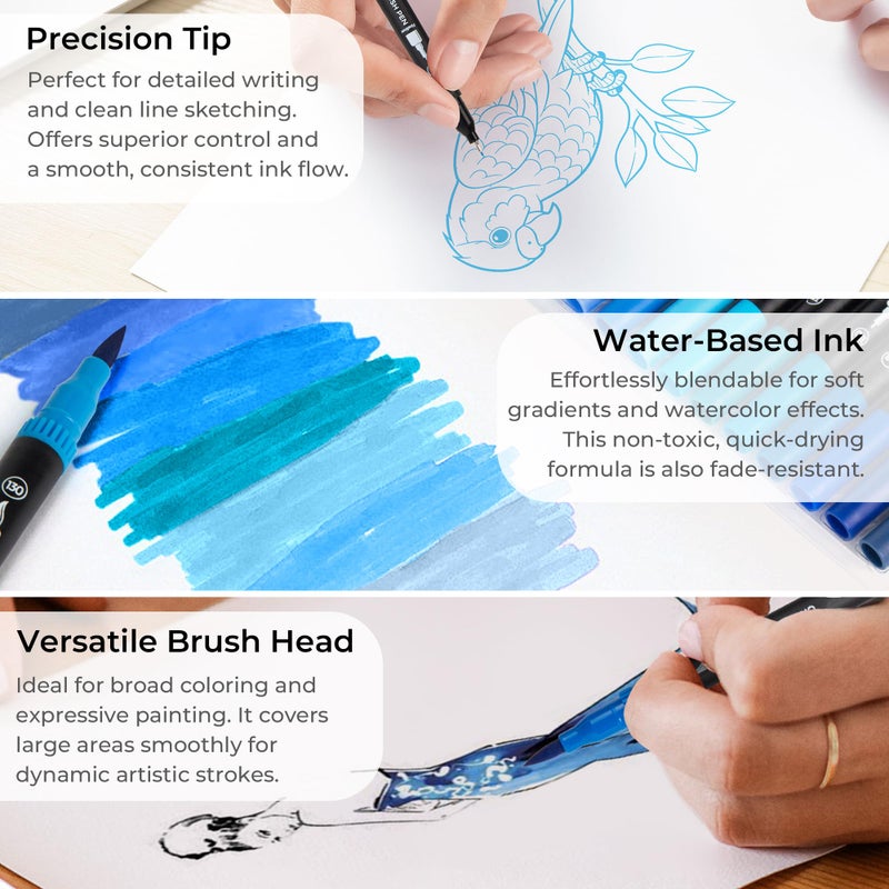 ZSCM Blue Duo Tip Marker Pens, 12 Pack Fine & Brush Markers for Adult Coloring Books No Bleeding, Ocean Blue Markers for Sky & Sea Landscapes, Water Effects, Calming Mandalas and Journaling - Image 3