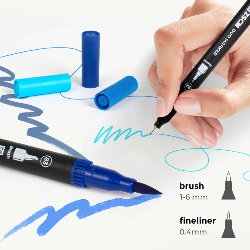 ZSCM Blue Duo Tip Marker Pens, 12 Pack Fine & Brush Markers for Adult Coloring Books No Bleeding, Ocean Blue Markers for Sky & Sea Landscapes, Water Effects, Calming Mandalas and Journaling - Image 2