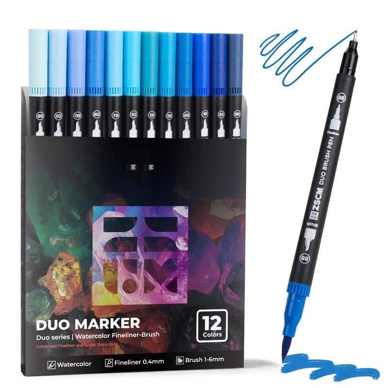 ZSCM Blue Duo Tip Marker Pens, 12 Pack Fine & Brush Markers for Adult Coloring Books No Bleeding, Ocean Blue Markers for Sky & Sea Landscapes, Water Effects, Calming Mandalas and Journaling - Image 1