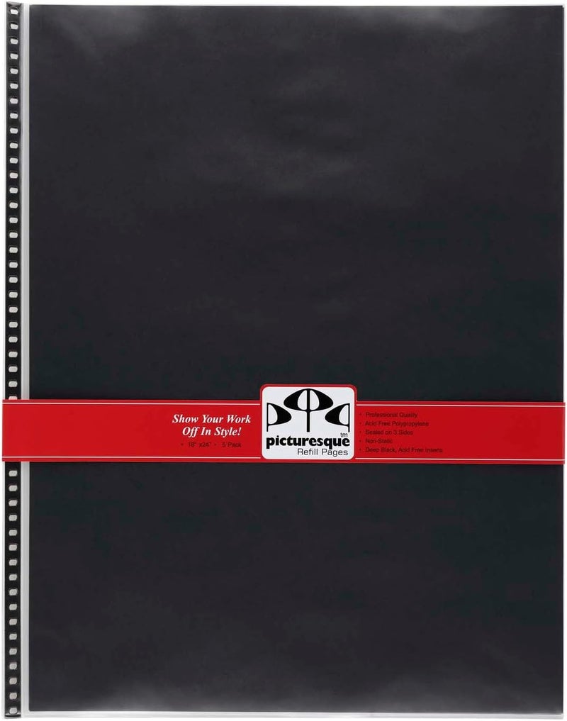 Stein Design Picturesque Artist Presentation Case Refill Pages - Acid-Free Polypropylene Sleeves 80 lb. Black Divider Professional Storage Art Archival for Portraits and Artwork [18" x 24" - 5 Pack] - Image 1