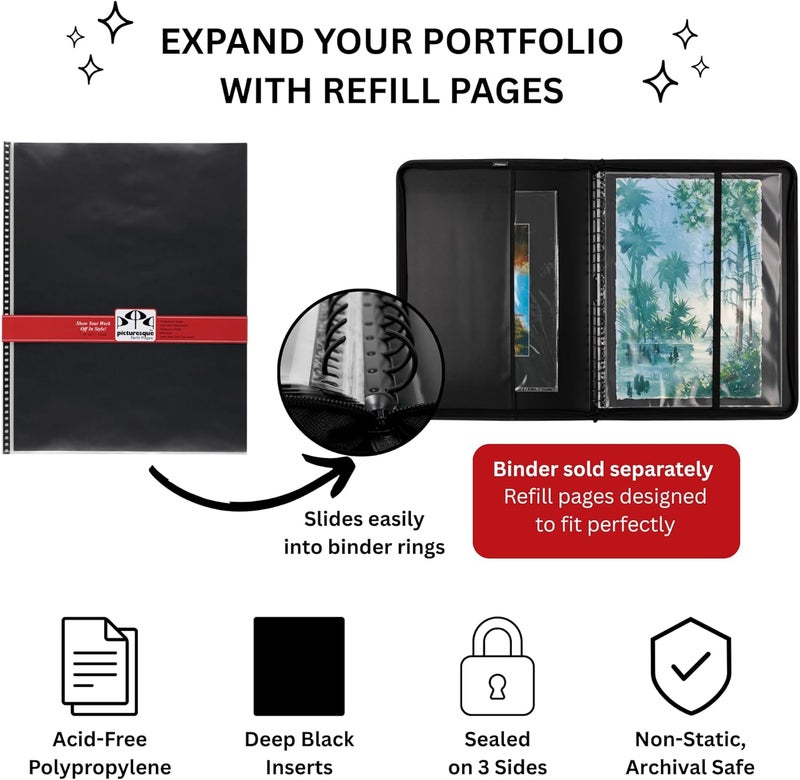 Stein Design Picturesque Artist Presentation Case Refill Pages - Acid-Free Polypropylene Sleeves 80 lb. Black Divider Professional Storage Art Archival for Portraits and Artwork [18" x 24" - 5 Pack] - Image 2