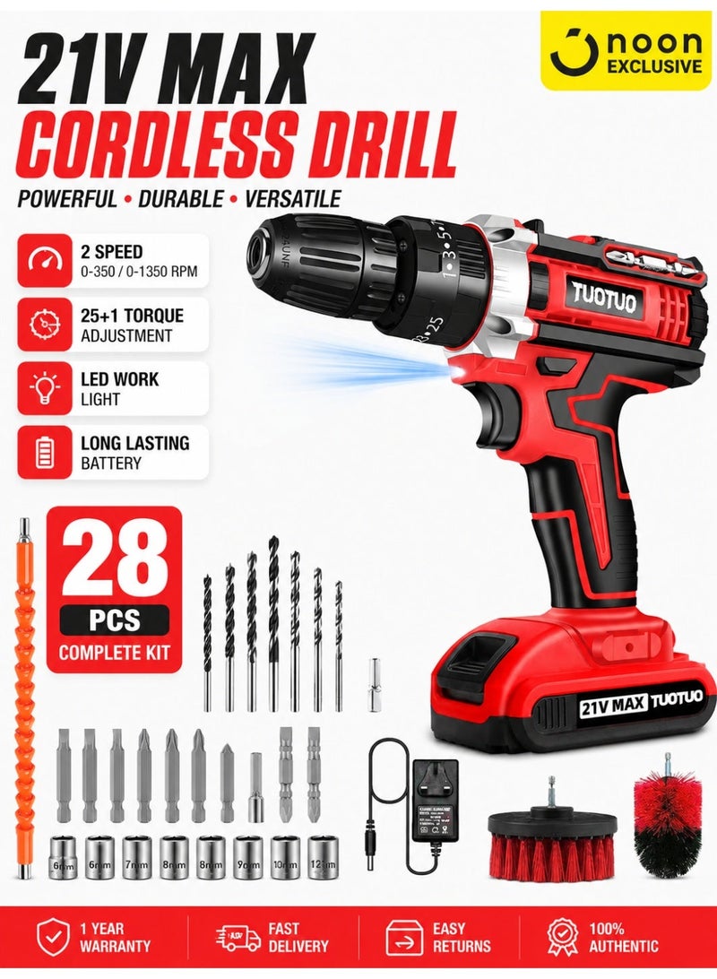 TUOTUO 21V cordless drill with one lithium-ion battery and fast charger, 3/8-inch drill bit set, 25+3 adjustable torque speeds, LED work light, variable speed drill bits, 186 lbs torque, and comes with 3 dedicated brushes. - Image 1