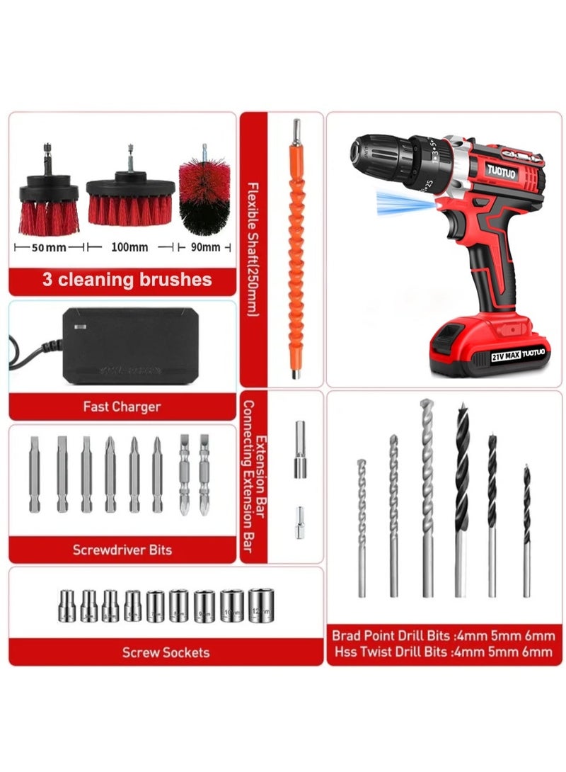 TUOTUO 21V cordless drill with one lithium-ion battery and fast charger, 3/8-inch drill bit set, 25+3 adjustable torque speeds, LED work light, variable speed drill bits, 186 lbs torque, and comes with 3 dedicated brushes. - Image 2