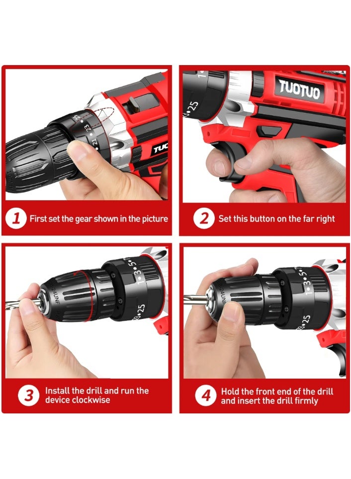 TUOTUO 21V cordless drill with one lithium-ion battery and fast charger, 3/8-inch drill bit set, 25+3 adjustable torque speeds, LED work light, variable speed drill bits, 186 lbs torque, and comes with 3 dedicated brushes. - Image 3