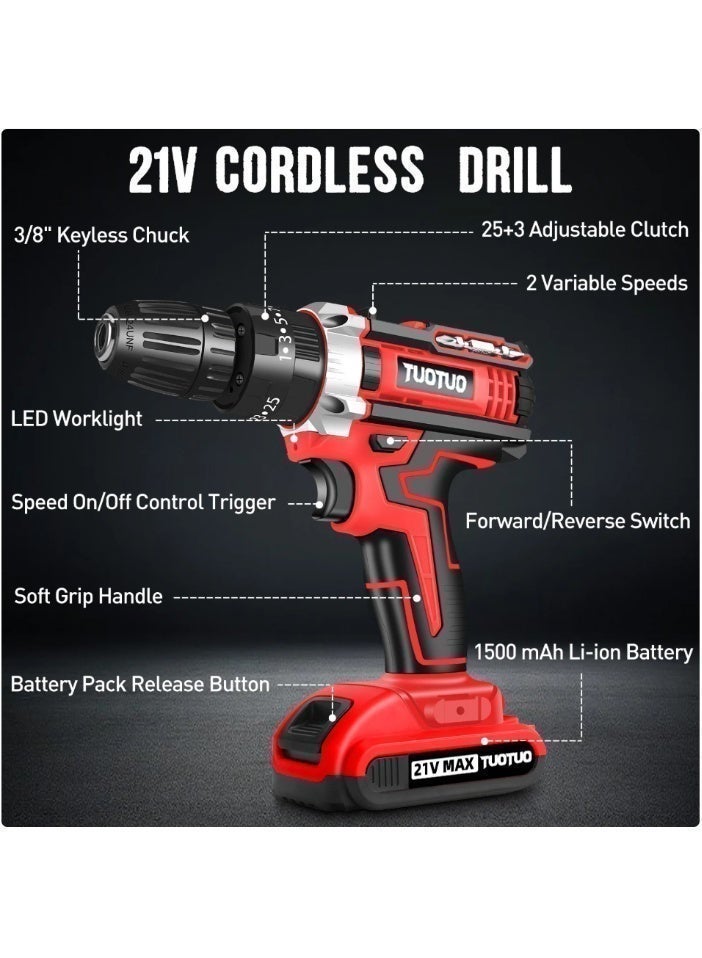 TUOTUO 21V cordless drill with one lithium-ion battery and fast charger, 3/8-inch drill bit set, 25+3 adjustable torque speeds, LED work light, variable speed drill bits, 186 lbs torque, and comes with 3 dedicated brushes. - Image 4