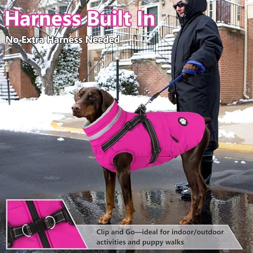 Dogcheer Dog Coat with Harness Waterproof Dog Jacket Christmas Pet Winter Coat with Pockets Reflective Doggy Turtleneck Fleece Jacket for Small Medium Large Dogs Pink XS - Image 3