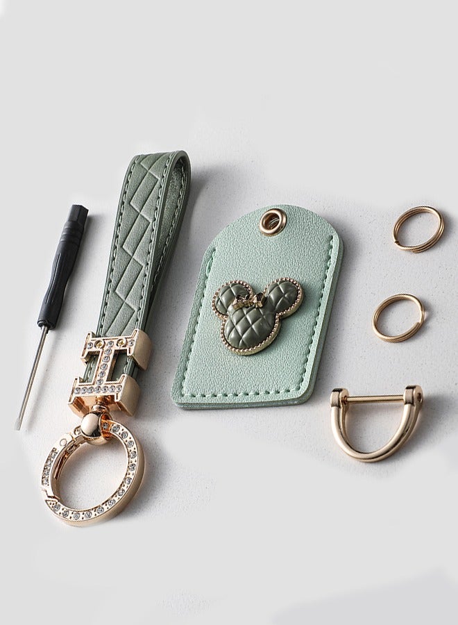 KeyAmor Elegant metal and quilted leather keychain car key holder for adults. Includes a matching AirTag holder.Stylish keychain with golden crystal-accented rings, perfect for women, featuring 3 key rings for added functionality.  Made with elegant mint green leather, offers 360-degree rotation, and comes in a fancy gift box, making it a perfect gift choice. - Image 2