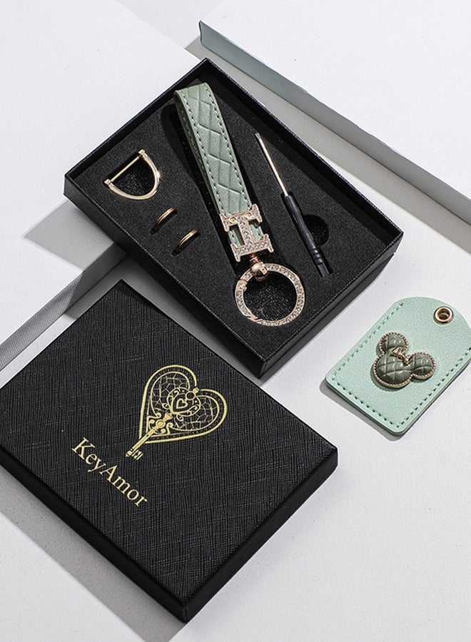 KeyAmor Elegant metal and quilted leather keychain car key holder for adults. Includes a matching AirTag holder.Stylish keychain with golden crystal-accented rings, perfect for women, featuring 3 key rings for added functionality.  Made with elegant mint green leather, offers 360-degree rotation, and comes in a fancy gift box, making it a perfect gift choice. - Image 1