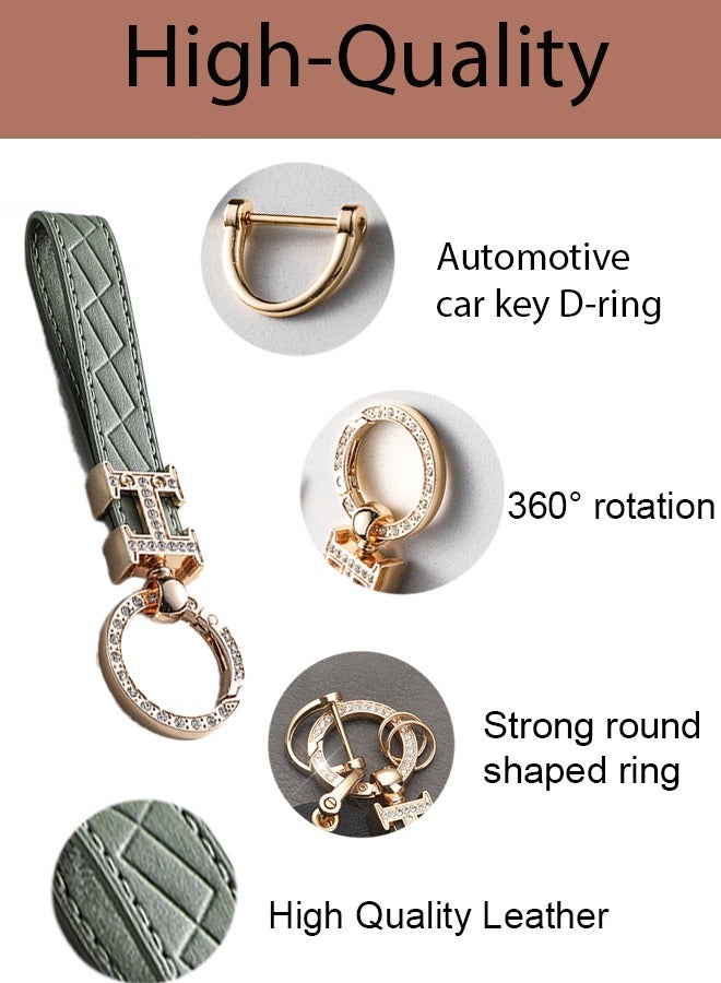 KeyAmor Elegant metal and quilted leather keychain car key holder for adults. Includes a matching AirTag holder.Stylish keychain with golden crystal-accented rings, perfect for women, featuring 3 key rings for added functionality.  Made with elegant mint green leather, offers 360-degree rotation, and comes in a fancy gift box, making it a perfect gift choice. - Image 4