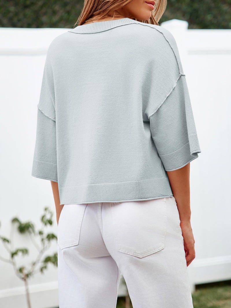 Cicy Bell Womens Half Sleeve Cardigan Sweaters Cropped Button Down Tops Oversized Lightweight Ribbed Knit Summer Outfits Grey Blue - Image 4