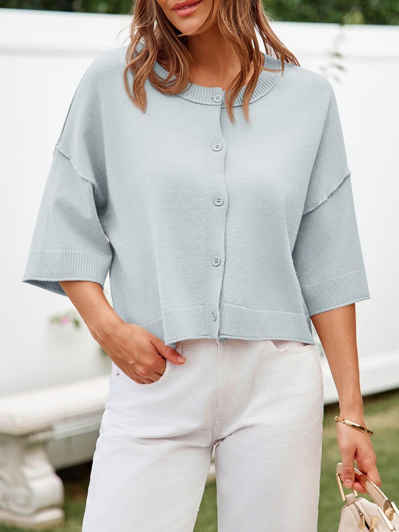 Cicy Bell Womens Half Sleeve Cardigan Sweaters Cropped Button Down Tops Oversized Lightweight Ribbed Knit Summer Outfits Grey Blue - Image 2