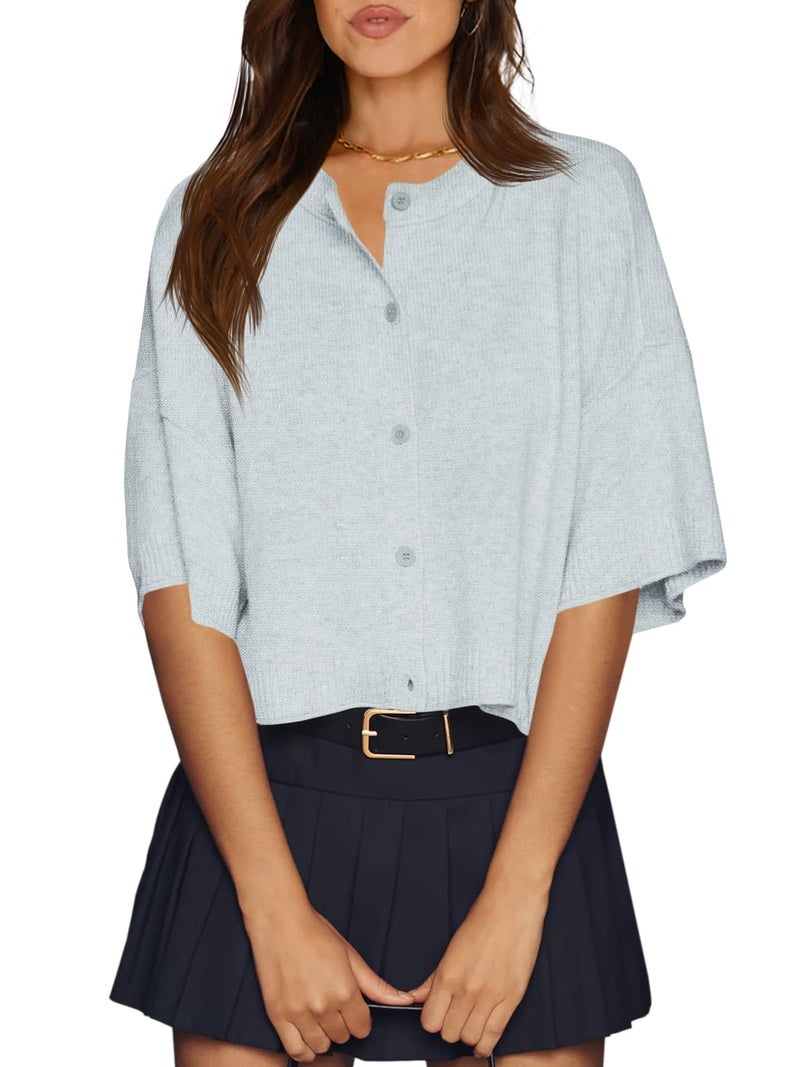 Cicy Bell Womens Half Sleeve Cardigan Sweaters Cropped Button Down Tops Oversized Lightweight Ribbed Knit Summer Outfits Grey Blue - Image 1