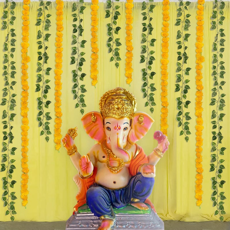 SpecialYou.in Special You Diwali Decor Items for Home Decor with Yellow Curtain Backdrop for Pooja Decoration Green Vines Artificial Marigold Flowers for Decorations Backdrop Diwali Decoration for Home 12 Pcs 