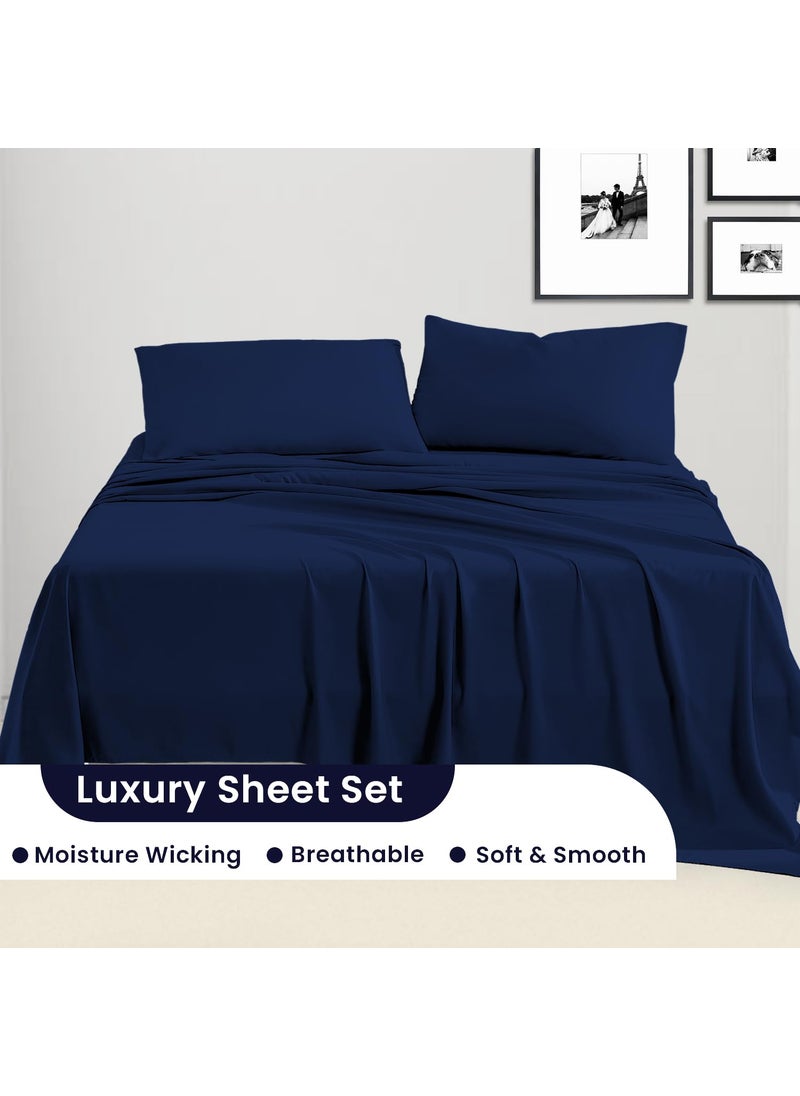 SGI bedding SGI bedding 600 Thread Count 4 Piece 100% Egyptian Cotton RV King Size Sheets Set  15"" Deep Pocket Sheet Set  Premium  Breathable  Soft and Hotel-Quality Luxury Sheets - Navy Blue  - Image 3