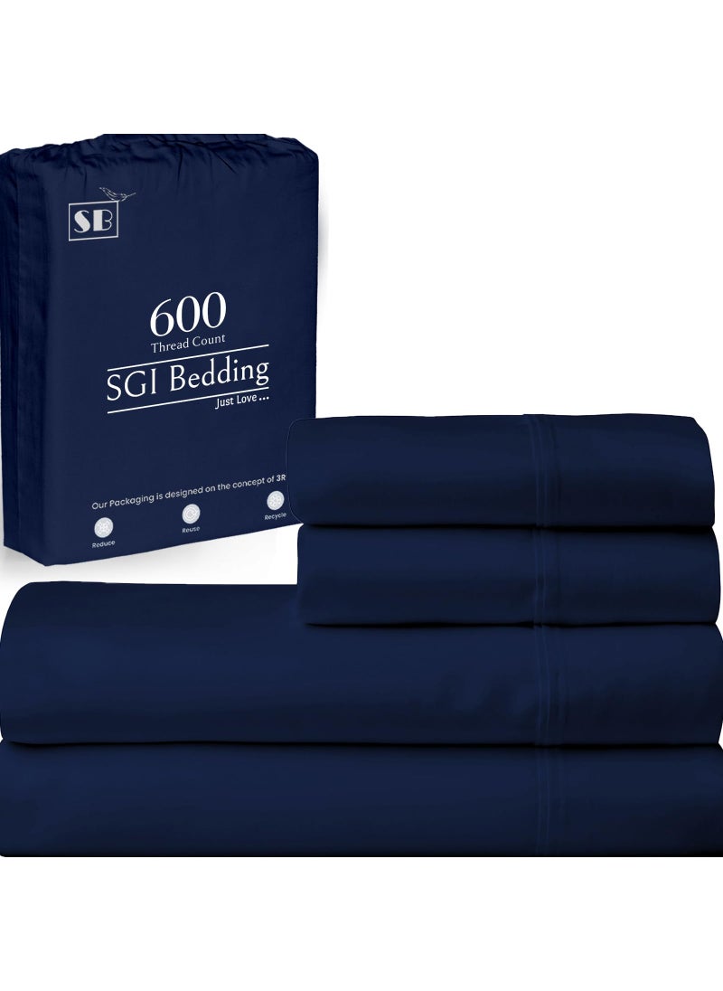 SGI bedding SGI bedding 600 Thread Count 4 Piece 100% Egyptian Cotton RV King Size Sheets Set  15"" Deep Pocket Sheet Set  Premium  Breathable  Soft and Hotel-Quality Luxury Sheets - Navy Blue  - Image 1