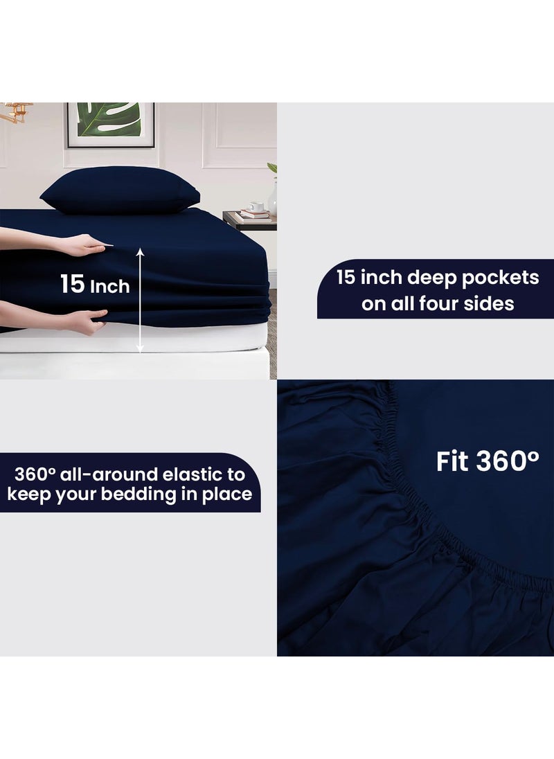 SGI bedding SGI bedding 600 Thread Count 4 Piece 100% Egyptian Cotton RV King Size Sheets Set  15"" Deep Pocket Sheet Set  Premium  Breathable  Soft and Hotel-Quality Luxury Sheets - Navy Blue  - Image 5