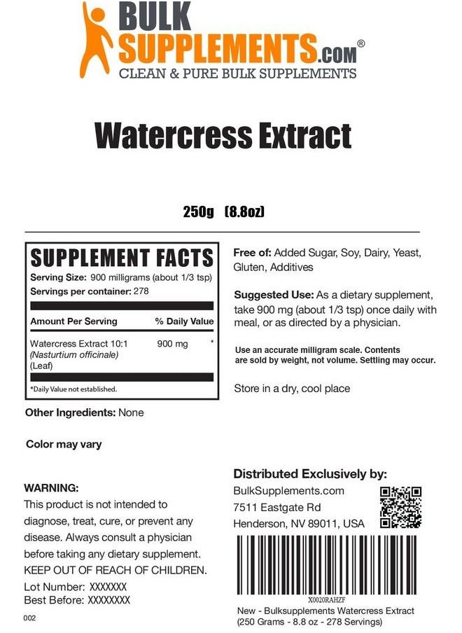BULKSUPPLEMENTS.COM - Watercress Extract Powder Herbal Supplement Watercress Leaf 900Mg Of Nasturtium Officinale Extract Per Serving Gluten Free Watercress Powder (250 Grams 8.8 Oz) - Image 1