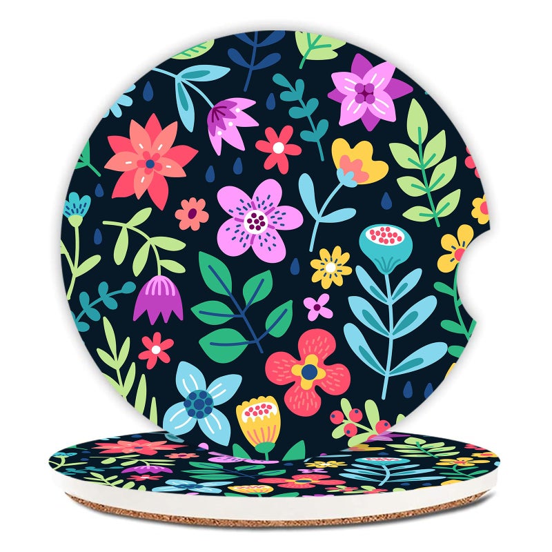 Adastrah Cute Flowers Ceramic Cup Holders - Pack of 2, Keep Cup Holders Clean and Dry, Drink Cup Car Holder Coasters with A Finger Notch - Image 1