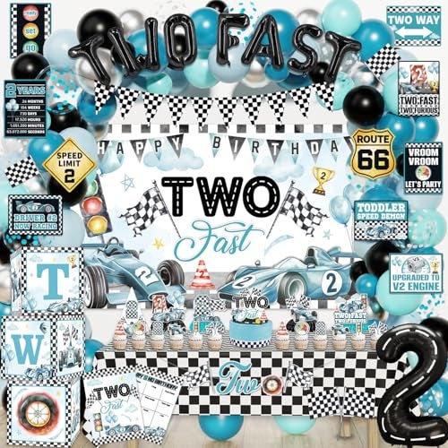 Mpanwen Two Fast Birthday Decor 143Pcs Race Car Racing 2nd Birthday Party Decorations Supplies for Boys Banner Cake Toppers Balloons Tablecloth Centerpieces Crown Poster Boxes Wall Signs - Image 1