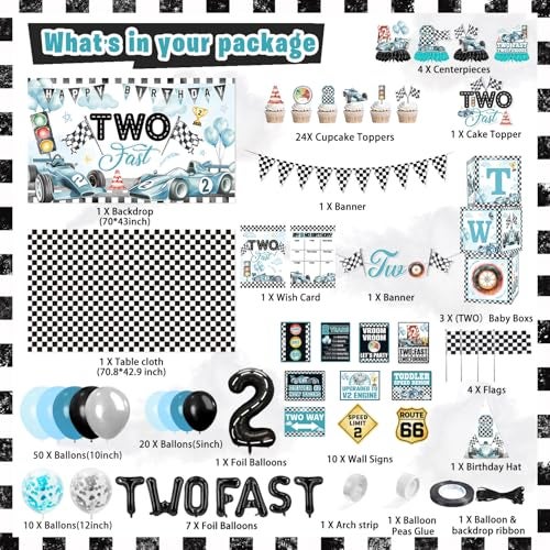 Mpanwen Two Fast Birthday Decor 143Pcs Race Car Racing 2nd Birthday Party Decorations Supplies for Boys Banner Cake Toppers Balloons Tablecloth Centerpieces Crown Poster Boxes Wall Signs - Image 5