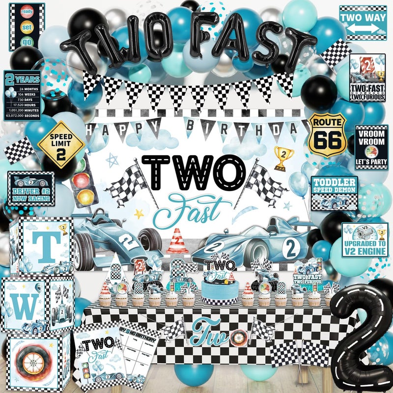 Mpanwen Two Fast Birthday Decor 143Pcs Race Car Racing 2nd Birthday Party Decorations Supplies for Boys Banner Cake Toppers Balloons Tablecloth Centerpieces Crown Poster Boxes Wall Signs - Image 3