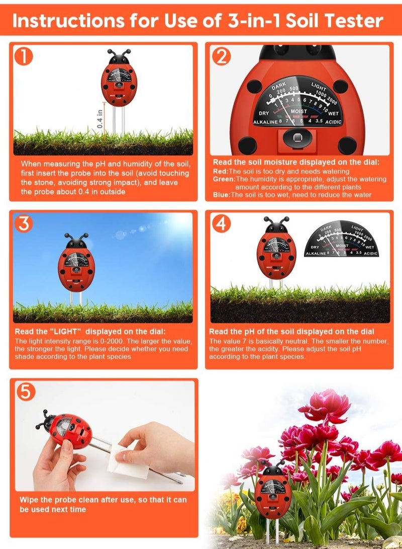 SYOSI Soil pH Meter, 3-in-1 Soil Tester Kit with Plant Moisture, Light and pH Tester, Soil pH Meter for Garden, Farm, Lawn, Indoor and Outdoor (No Battery Needed), Colorful Ladybug Shape - Image 3