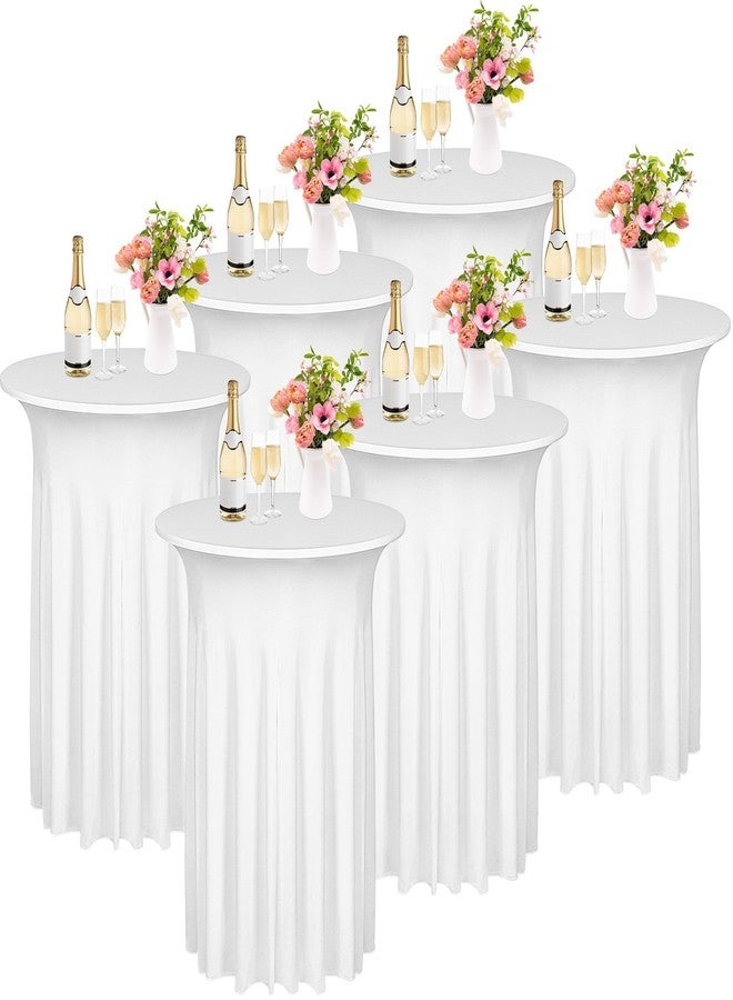 Kochorie 6 Pieces Cocktail Table Skirt Round Cocktail Table Covers 32 x 43 Inch Spandex Stretch High Top Table Cloth for Wedding Table Bar Banquet Party Supplies (White) - Image 1
