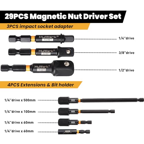 MulWark 29 Piece Magnetic Nut Driver Set, Impact drill socket adapter, SAE, and Metric Nut Driver Set Includes Magnetic Bit Holder, Quick Release Extension with Storage Bag - Image 4