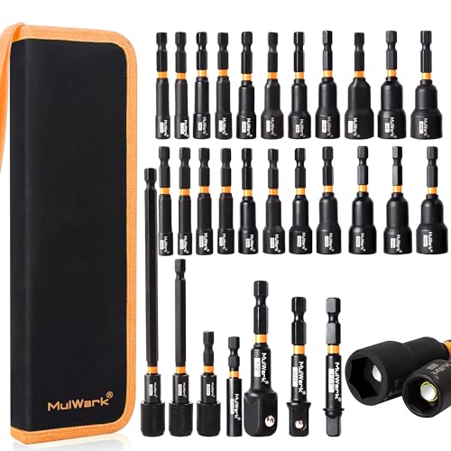 MulWark 29 Piece Magnetic Nut Driver Set, Impact drill socket adapter, SAE, and Metric Nut Driver Set Includes Magnetic Bit Holder, Quick Release Extension with Storage Bag - Image 1