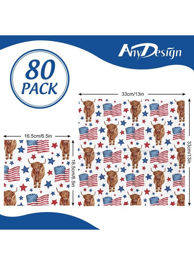 AnyDesign 80Pcs Patriotic Highland Cow Paper Napkin American Flag Cow Disposable Luncheon Napkins 4th of July Farmhouse Dessert Dinner Hand Napkin for Independence Day Veterans Day - Image 2