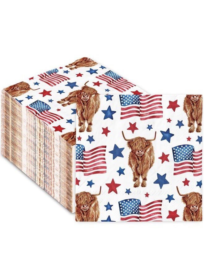 AnyDesign 80Pcs Patriotic Highland Cow Paper Napkin American Flag Cow Disposable Luncheon Napkins 4th of July Farmhouse Dessert Dinner Hand Napkin for Independence Day Veterans Day - Image 1