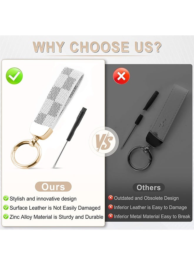 دبليو أف أف أو سلسلة مفاتيح معدنية من جلد PU للسيارة - سلسلة مفاتيح السيارة الإبداعية مع حلقة D مضادة للضياع و 2 حلقة رئيسية - حلقة من سبائك الزنك من الجلد المنقوشة 360 درجة الدورية - سوار معصم عالمي للسيارة - حقيبة مدرسية رئيسية قلادة زخرفة السيارة - أرسل مفك براغي - أبيض / ذهبي - Image 3