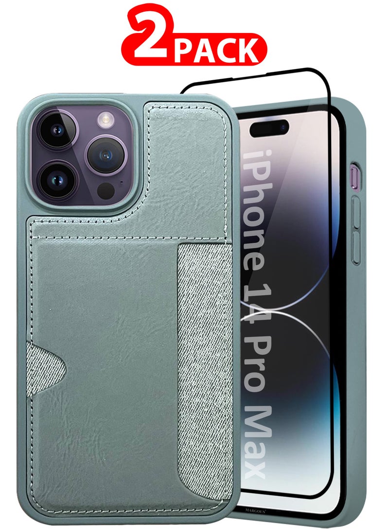 CATANES iPhone 14 Pro Max 2Packs Case Leather Antifingerprint Cover with Wallet Card Slot Shell, Side Insert Card Holder, Anti Fall Protection - Grey - Image 1