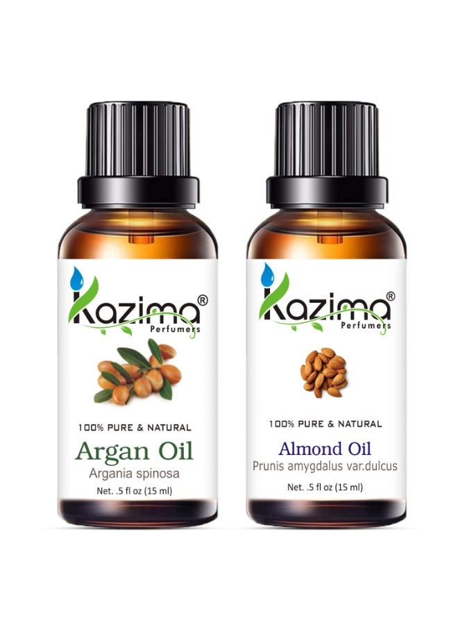 KAZIMA Combo of Argan Oil and Almond Oil - 100% Pure Cold Pressed Carrier Oil for Acne, Hair Growth, Scalp Nourishment & Skin Moisturizing, 15 ml each - Image 1