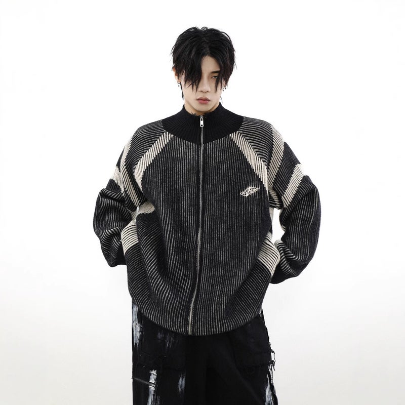 American Retro Design Sense Niche Color Striped Turtleneck Sweater Men'S And Women'S Knitted Couple'S Cardigan Jacket - Image 4