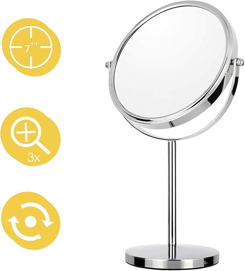 Longkins 7 Inch Makeup Mirror Double Sided Tabletop Vanity Mirror with 3x Magnification Swivel Cosmetic Mirror for Home Bathroom Shower Travel - Image 1