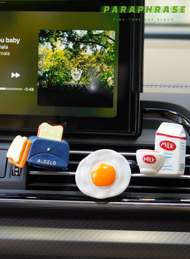 Paraphrase 3-Piece Car Air Vent Diffuser Clip Set, Cute Resin Car Air Freshener with Toast, Egg and Milk Design | Scented Cotton Pads Included, Aromatherapy for Car Interior Decoration - Image 1