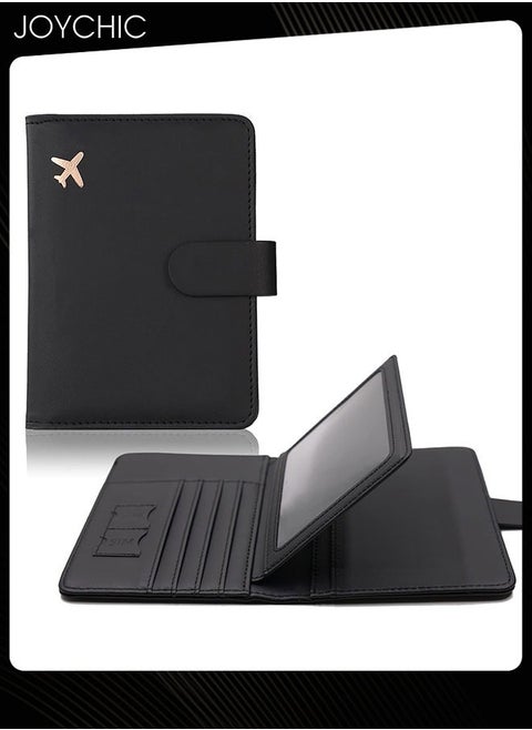Business PU Leather Dustproof Passport Bag Rfid Multi-card Slot Multi-function Passport ID Passport Holder Creative Aircraft Certificate Storage Bag for Women Men Black