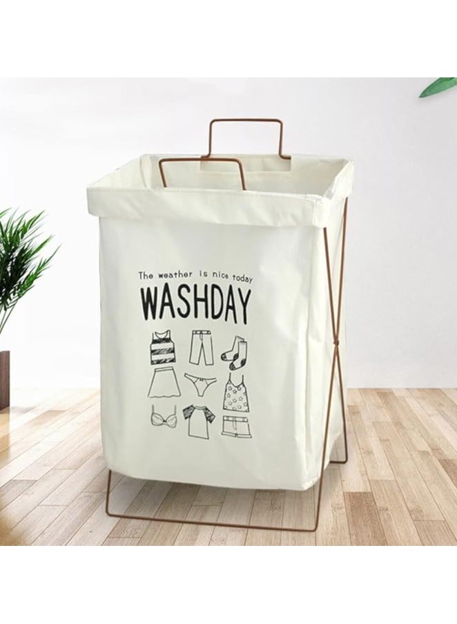 سبت غسيل الملابس- سبت تخزين ملابس محمول وقابل للطي من كووسيلو مع اطار حديد على شكل حرف X، منظم وسبت تخزين مقاوم للماء للحمام والمنزل مع مقبض للحمل - Image 1