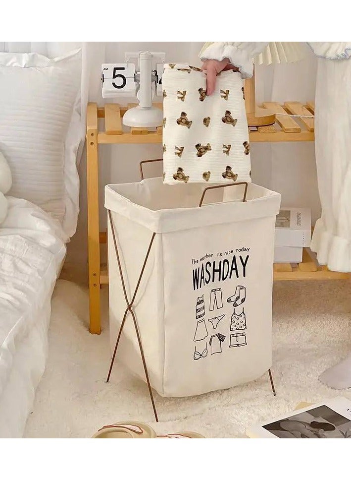 سبت غسيل الملابس- سبت تخزين ملابس محمول وقابل للطي من كووسيلو مع اطار حديد على شكل حرف X، منظم وسبت تخزين مقاوم للماء للحمام والمنزل مع مقبض للحمل - Image 3