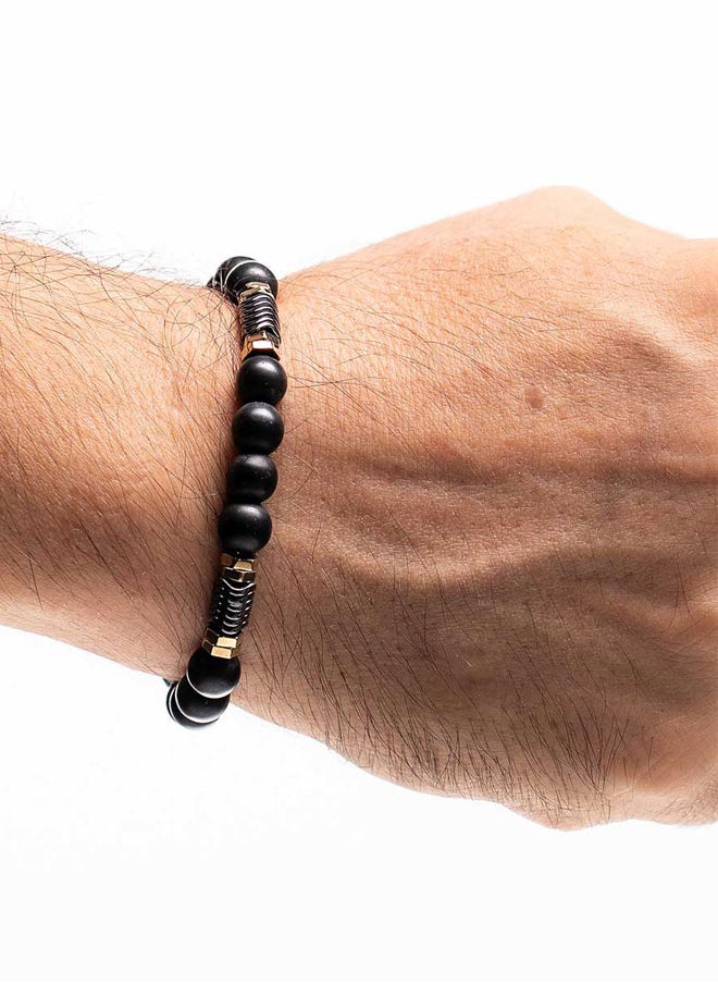 CHRYSOSTOMOS Handmade Beaded Bracelet for Men with Onyx and Double Golden Hematite Rings  - Image 3